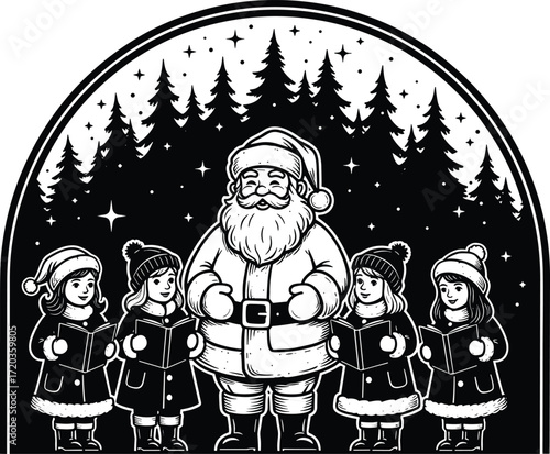 Silhouette Santa Claus with children singing carols under stars, black vector illustration for Christmas, tradition, winter, and holiday themes