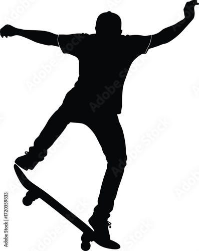 Silhouette skateboarder performing trick in mid-air, black vector illustration for sport, motion, youth lifestyle, and extreme action themes