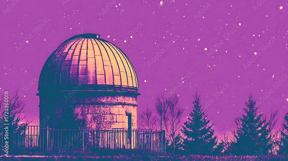 Obraz premium Astronomical observatory dome under a starry night sky with purple hues and surrounding trees