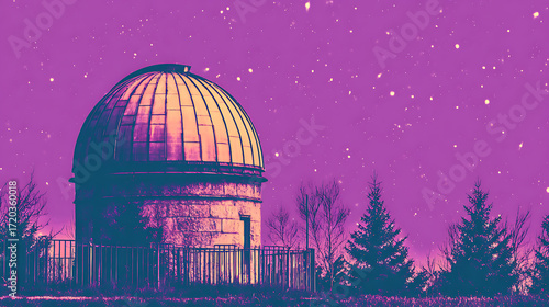 Astronomical observatory dome under a starry night sky with purple hues and surrounding trees