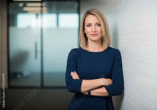Wallpaper Mural Confident businesswoman with arms crossed standing in a modern office hallway, looking directly at the camera Torontodigital.ca