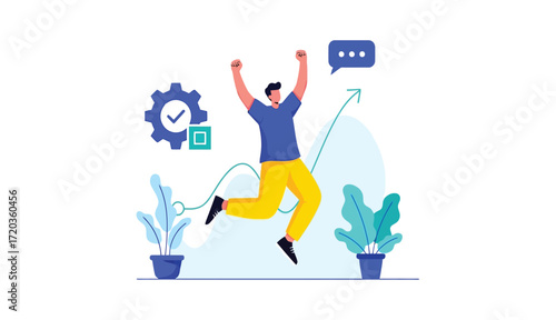 Man jumping with joy near business growth chart and gear