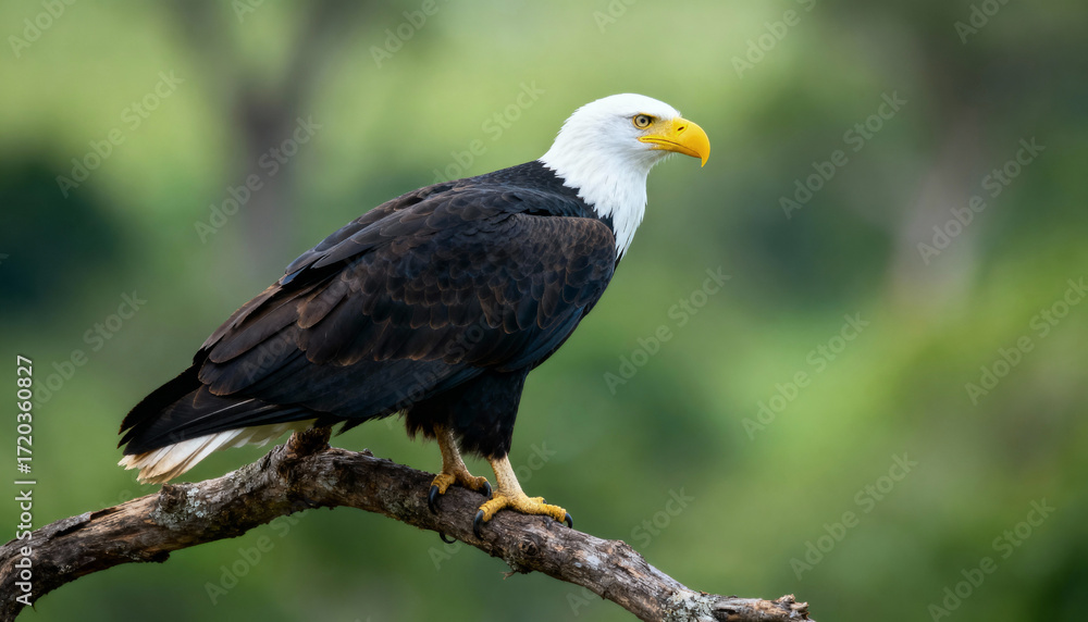 Fototapeta premium a bald eagle (haliaeetus leucocephalus) with a white head and a yellow beak sits on a branch