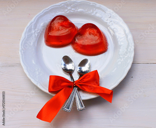 Romantic dessert: red gelatin hearts, love, date, engagement, Valentine's Day