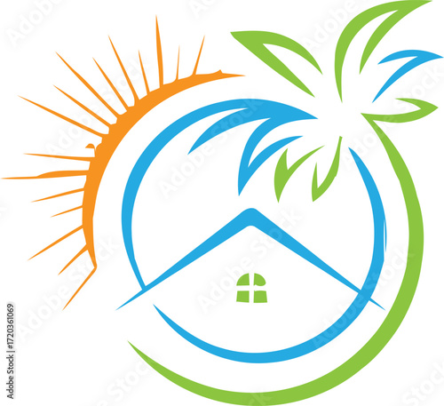 Tropical Real Estate Logo Palm Tree Sun and House