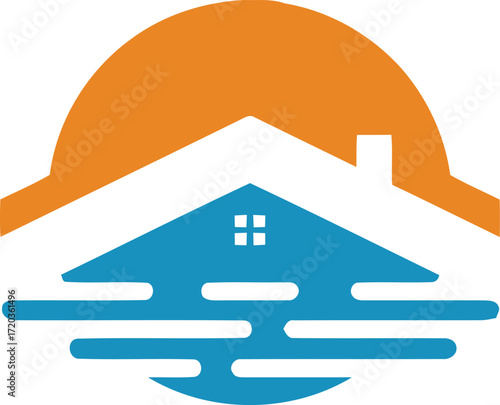 Coastal Home Logo House on the Water with Sunset