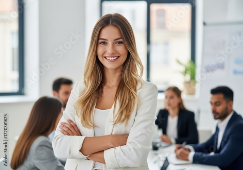 Wallpaper Mural Confident businesswoman smiling at the camera with her arms crossed in a modern office meeting room, colleagues blurred in the background Torontodigital.ca