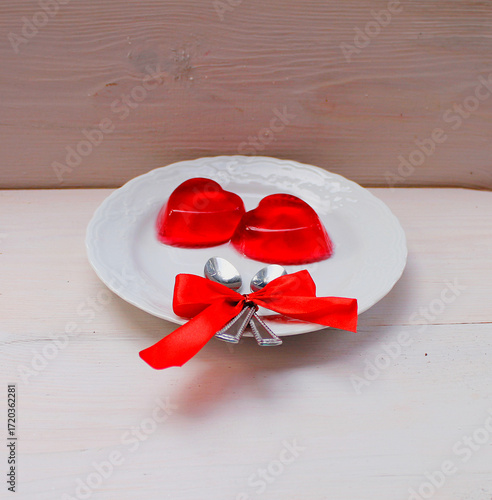 Romantic dessert: red gelatin hearts, love, date, engagement, Valentine's Day