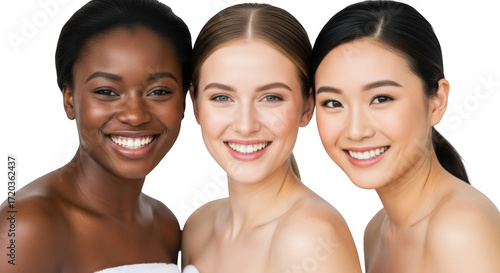 Three diverse women with beautiful skin smiling together, isolated on transparent background