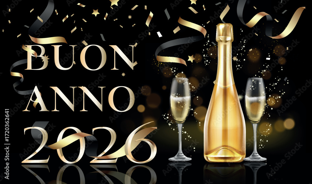 biglietto o striscione per augurare un felice anno nuovo 2026 in oro con una bottiglia e due calici da champagne su uno sfondo nero con cerchi bokeh e stelle filanti