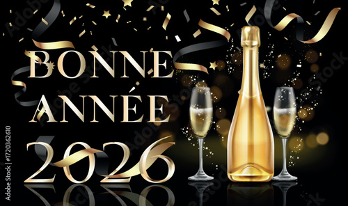 carte ou bandeau pour souhaiter une bonne année 2026 en or avec une bouteille et deux flûtes à champagne sur un fond noir avec des ronds en effet bokeh et des serpentins	