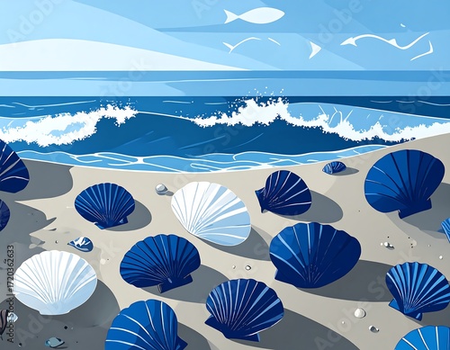 Seashells on sandy beach, ocean waves