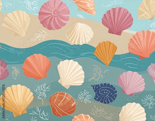 Seashells on sandy beach, water waves