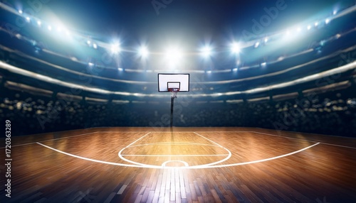 empty basketball court with dramatic lighting on blurred background