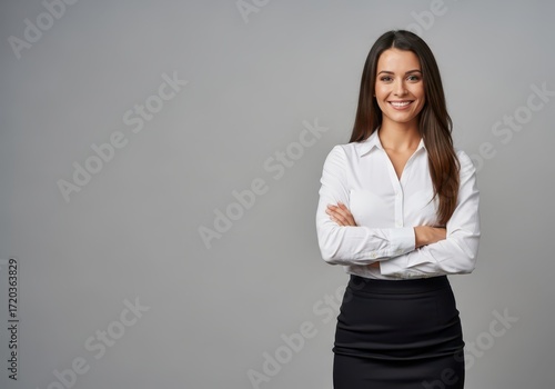 Wallpaper Mural Confident businesswoman in white shirt and black skirt with arms crossed, smiling at the camera against a plain grey background Torontodigital.ca