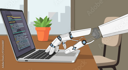 Robot hand coding on laptop artificial intelligence ai automation technology machine learning programming concept -