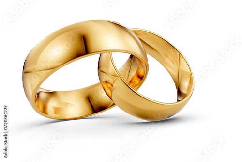 Golden wedding rings. 3d gold illustration for Valentines day. Symbols of love and fidelity. Male and female ring interlocked with each other