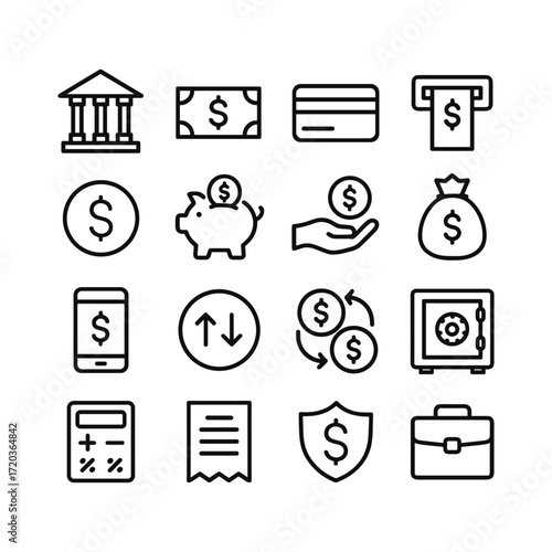 Financial banking icons collection. Outline symbols. Line design