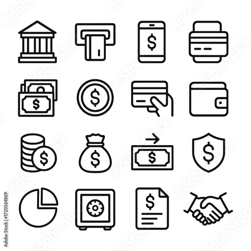 Modern banking icons set. Outline symbols. Line design