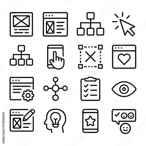 User experience design icons vector pack. Outline symbols. Line design