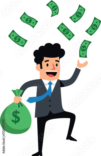 Businessman holding money bag with dollar sign, celebrating financial success, wealth growth, profit achievement, investment income, and economic prosperity.