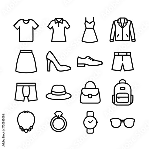 Fashion and clothing icons vector set. Outline symbols. Line design