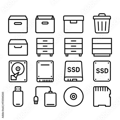 Data storage vector icons. Outline symbols. Line design