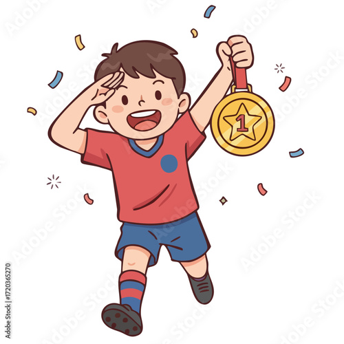Football player child winning 1st place golden medal. Celebration of competition award by little boy. Sport victory illustration. Happy kid athlete character in uniform. Sportsman holding award prize.
