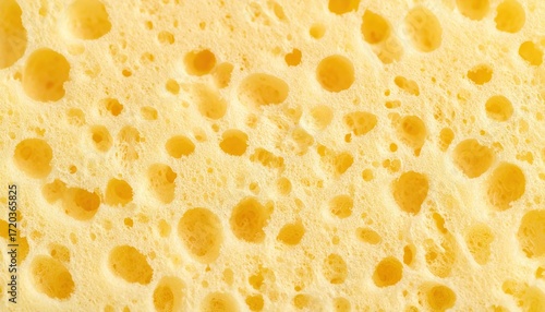 A close-up of a porous yellow sponge with many holes and a natural, uneven texture. Concept of cleaning and abstract texture