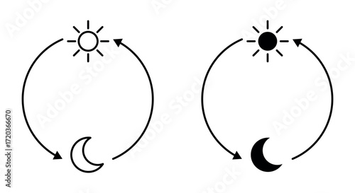 Day and night cycle icon with sun and moon, time concept with arrows, daily routine symbol, day change illustration, simple black and white pictogram for schedule, calendar and nature design elements