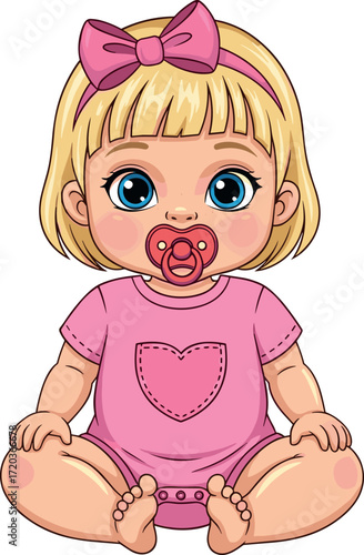 Cute cartoon baby girl with pink bow and pacifier sitting barefoot in onesie – adorable vector for kids and nursery design