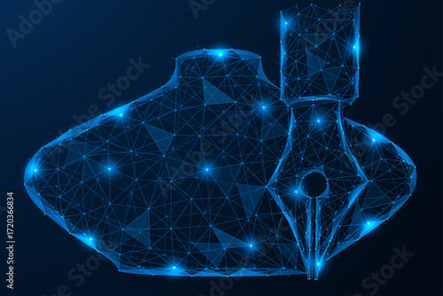 Digital ink, a pen for writing with an inkwell.  Low-poly design of interconnected lines and dots. Blue background.
