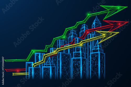 The path of urban progress. A city with colorful arrows rising above it. The concept of economic growth, business development, technological progress and the urbanization of the future.