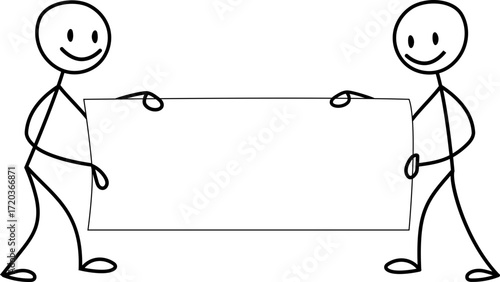 Two stick figure characters supporting one rectangular board side by side with hands aligned.