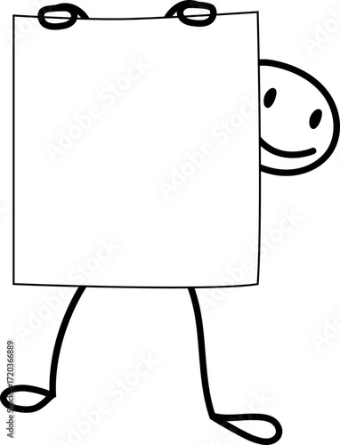 Stick figure character standing behind a large rectangular board with head and arms visible.