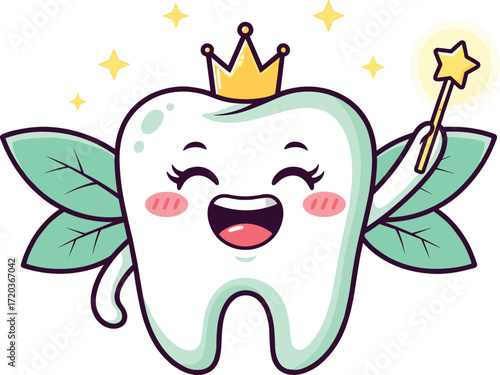 Cute Tooth Fairy Character with Crown, Wand, Wings and Sparkles – Dental Health Cartoon for Kids, Pediatric Dentistry, Oral Care Promotion