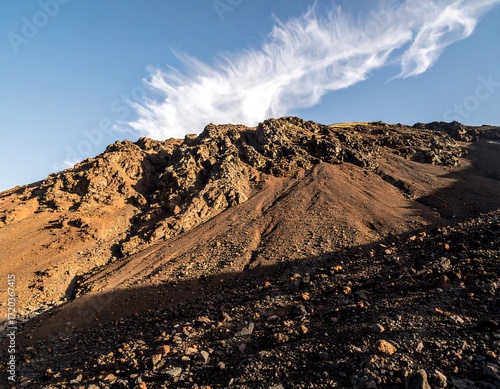 Rugged volcanic mountain slope under a vibrant sky