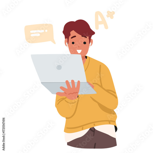 Cartoon portrait of smart happy boy teenager using laptop to pass exam, do homework online