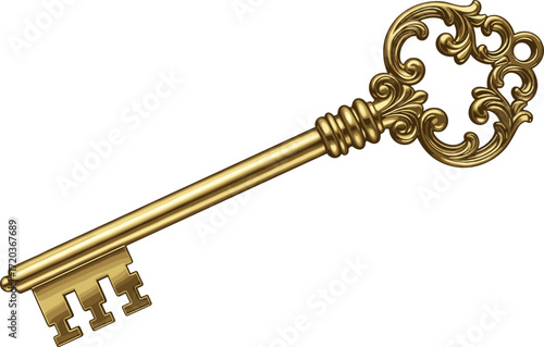 Vintage ornate golden key with floral scrollwork, antique ceremonial design, symbolic access concept, elegant decorative object for security themes