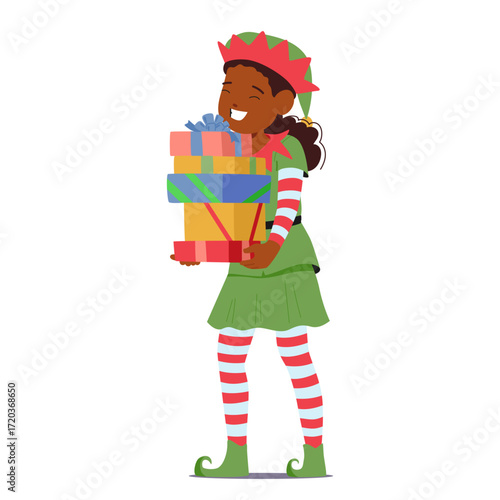 Pretty girl Christmas elf cartoon cute Santa helper character wearing costume carrying present boxes