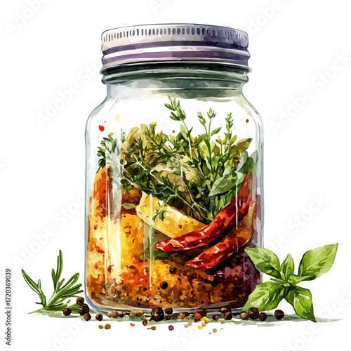 Spice Jar, watercolor illustration vector, isolated on a white background.