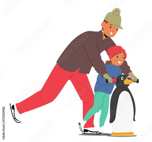 Father teaching little daughter ice skating using penguin support isolated on white background
