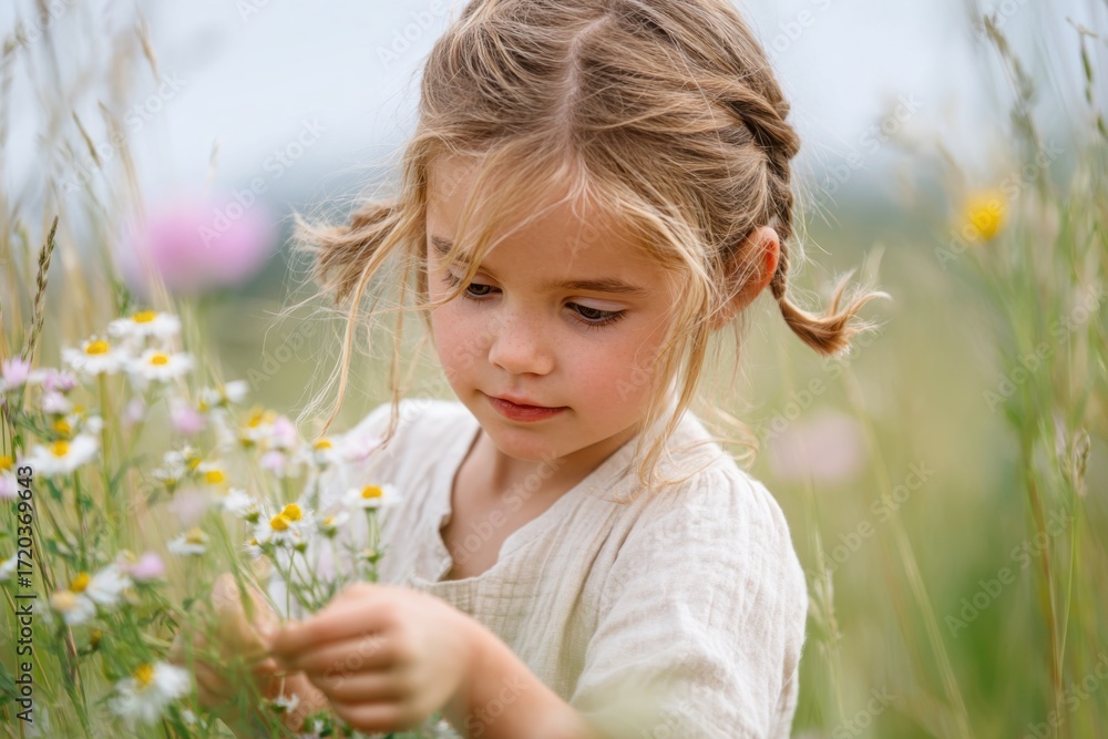Fototapeta premium Child picking wildflowers in a vibrant meadow, surrounded by colorful blooms and lush greenery, capturing the essence of childhood joy and nature's beauty