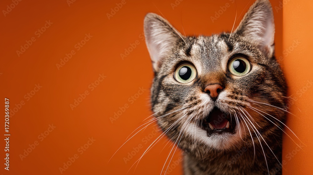 Fototapeta premium Surprised tabby cat with open mouth and wide eyes emerges against a bold orange backdrop