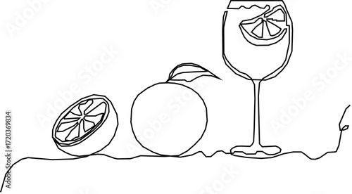spritz aperol cocktail and orange fruit. continuous single line art drawing sketch, vector illustration. Continue line art.
