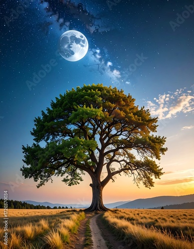 Fototapeta Naklejka Na Ścianę i Meble -  Majestic tree on a hilltop at sunrise/moonrise