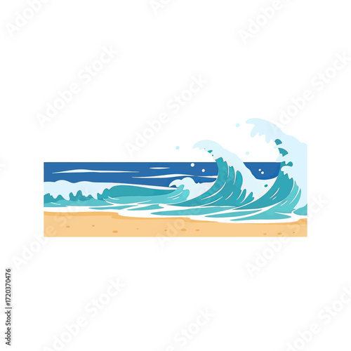 Stylized vector illustration of powerful ocean waves crashing onto a sandy beach shoreline.