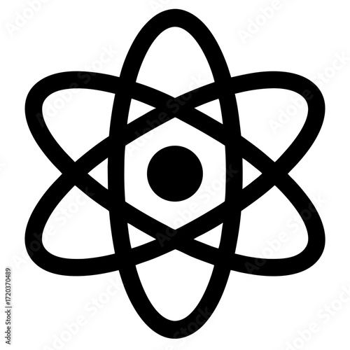 Vector art of stylized atom icon, representing science, technology, and the fundamental building blocks of matter and energy
