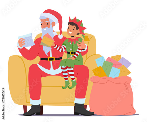 Santa Claus and little elf reading wish list mail from kids sitting on armchair isolated on white
