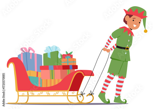 Cute boy Christmas elf character carrying festive wrapped holiday gifts on sledge isolated on white